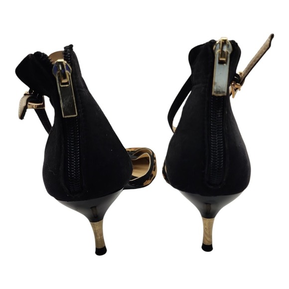 Animal Print Heels Womens 9 Pointed Toe Buckle Black Print Combo Used Elegant - Picture 9 of 9